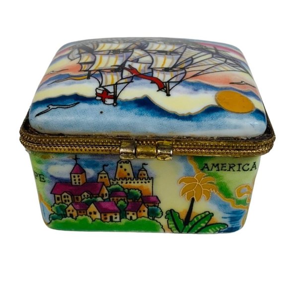 VTG Agiftcorp Boston Trinket Box Clipper Ship 2" Map of World Gold Tone Flower - Picture 8 of 16